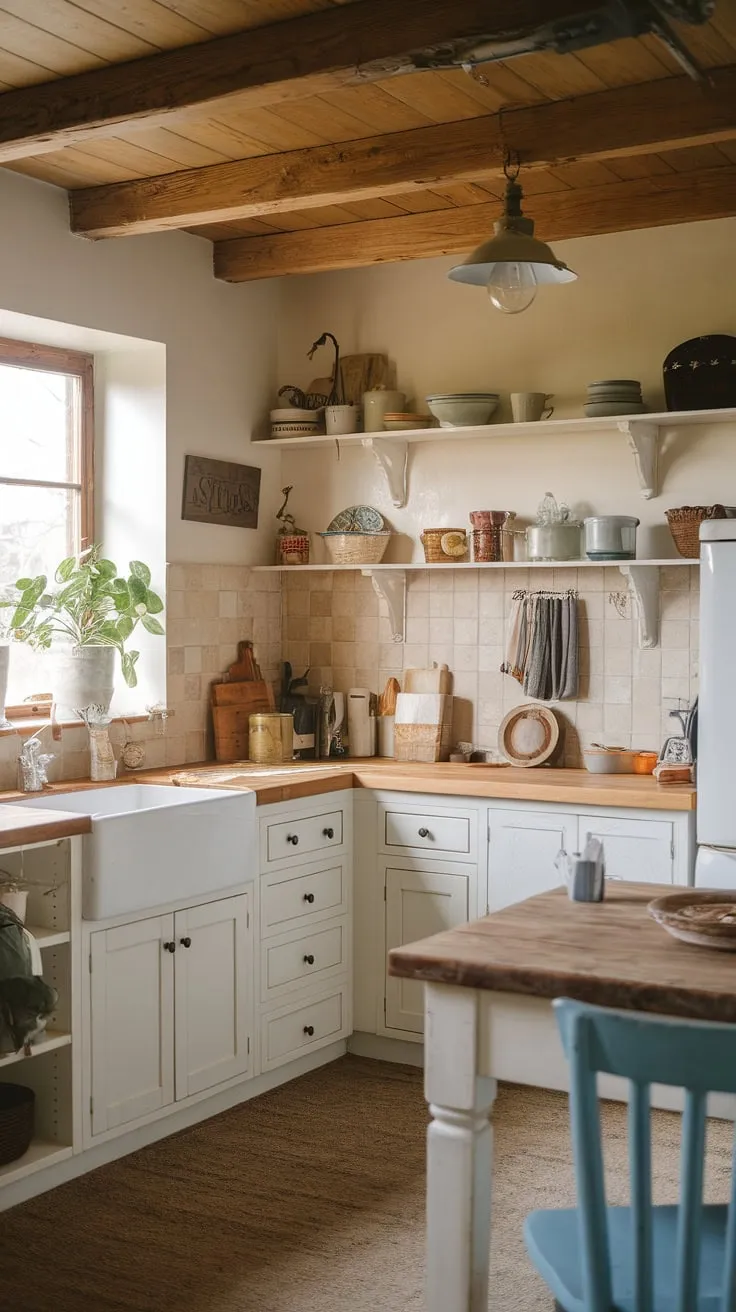 This small farmhouse kitchen proves that cozy kitchen decor and aesthetic kitchen design can thrive even in a tiny space.  The boho kitchen's butcher block countertops and vintage light fixture add character, making this small kitchen remodel a dream come true.  Perfect tiny kitchen ideas for maximizing charm in a small cozy kitchen.