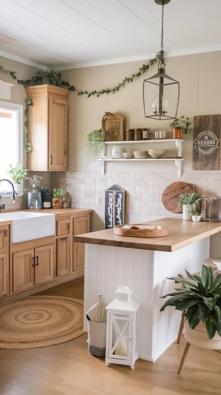 Transforming a small kitchen into a haven of style? This boho kitchen showcases how a small kitchen remodel can create a big impact. Light wood cabinets, a white island, and a beige backsplash combine for a cozy kitchen decor that's both functional and aesthetically pleasing.  These tiny kitchen ideas prove that even small cozy kitchens can be brimming with character.