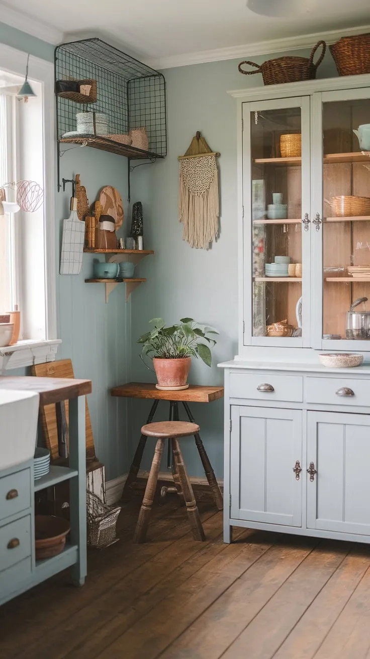 Dreamy small cozy kitchen goals! This boho kitchen remodel is a masterclass in maximizing space and creating a warm, inviting atmosphere.  The small kitchen's cozy kitchen decor and thoughtful aesthetic kitchen design are brimming with character, offering inspiring tiny kitchen ideas for anyone looking to revamp their space.
