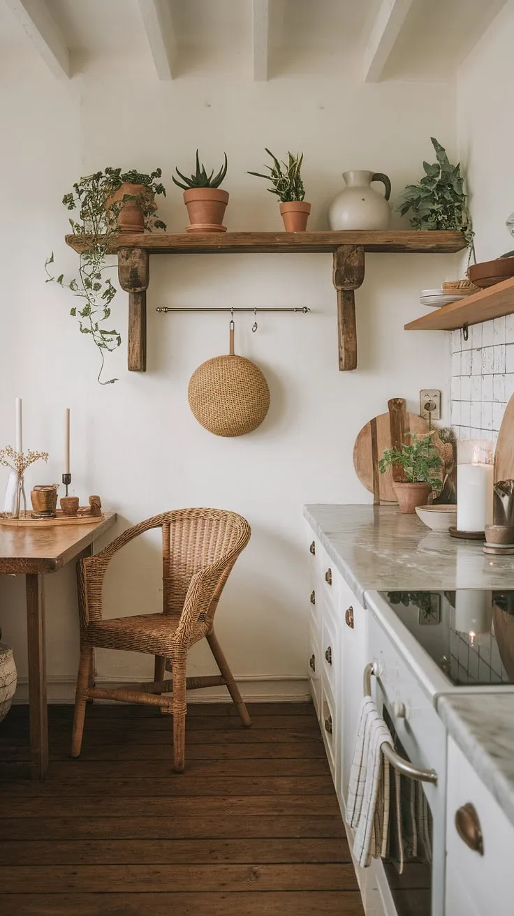 This small farmhouse kitchen proves that cozy kitchen decor and aesthetic kitchen design aren't limited by space.  A small kitchen remodel can transform a tiny kitchen into a boho kitchen haven, brimming with charm and personality.  These tiny kitchen ideas show how much warmth and style you can pack into a small cozy kitchen.