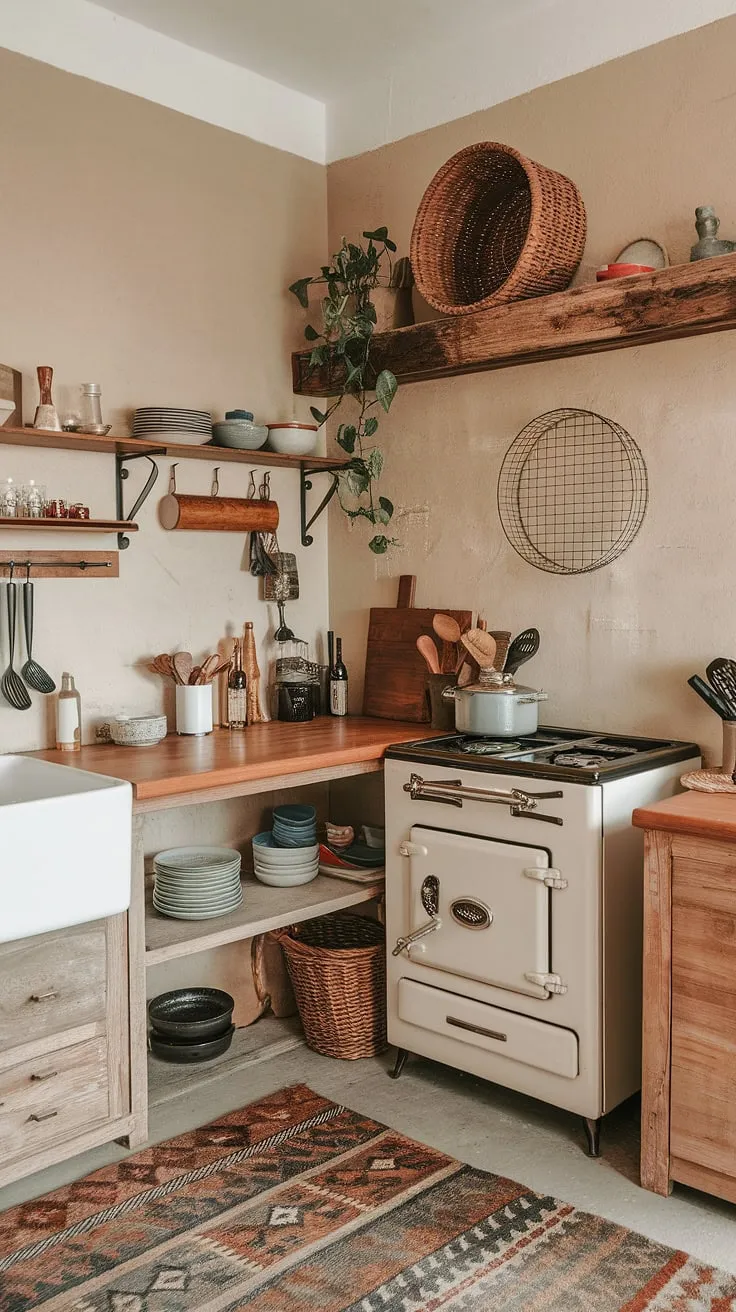 This small cozy kitchen is a testament to the power of thoughtful design.  The boho kitchen aesthetic shines through in every detail, making this small kitchen remodel a dream come true.  Discover the magic of cozy kitchen decor and explore these tiny kitchen ideas for your own space.