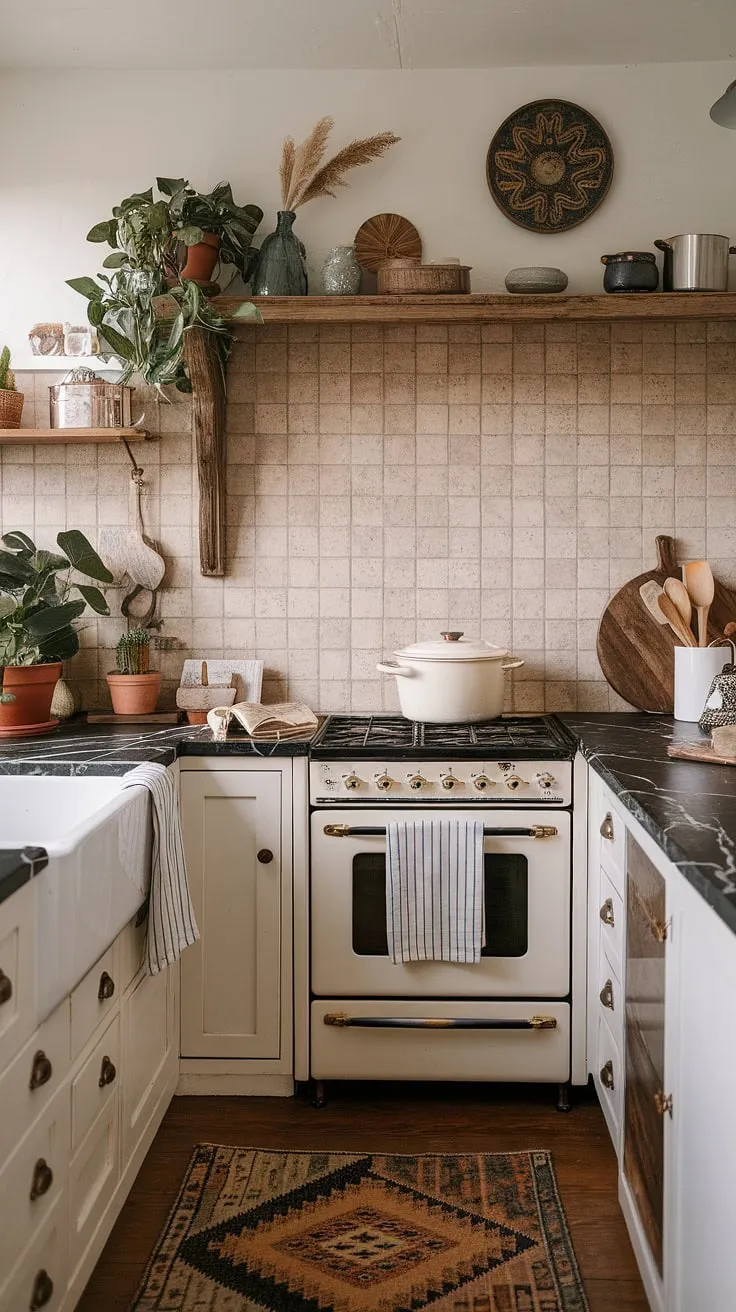This small farmhouse kitchen proves that cozy kitchen decor and aesthetic kitchen design aren't limited by space.  A successful small kitchen remodel, this boho kitchen is brimming with charm and offers plenty of tiny kitchen ideas for maximizing functionality in a small cozy kitchen.