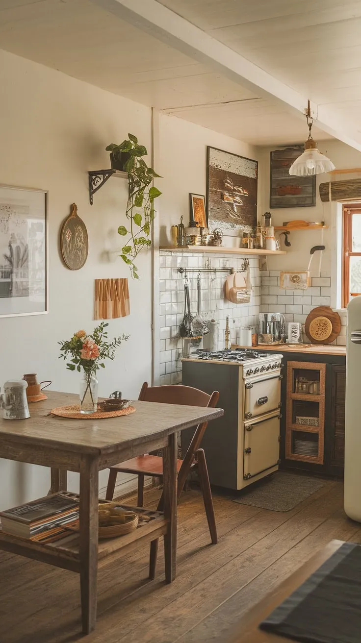 Transforming a tiny space into a haven: This small farmhouse kitchen remodel boasts cozy kitchen decor and a boho kitchen aesthetic.  Proof that even small kitchen ideas can create a big impact with the right aesthetic kitchen design.