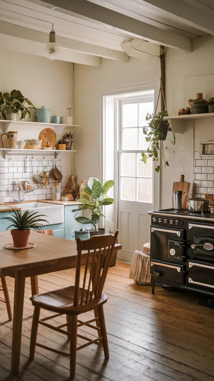 Transforming a tiny space into a haven: this small farmhouse kitchen remodel boasts cozy kitchen decor and aesthetic kitchen design, proving that boho kitchen style thrives even in the smallest of kitchens.  Plenty of tiny kitchen ideas packed into this small cozy kitchen.