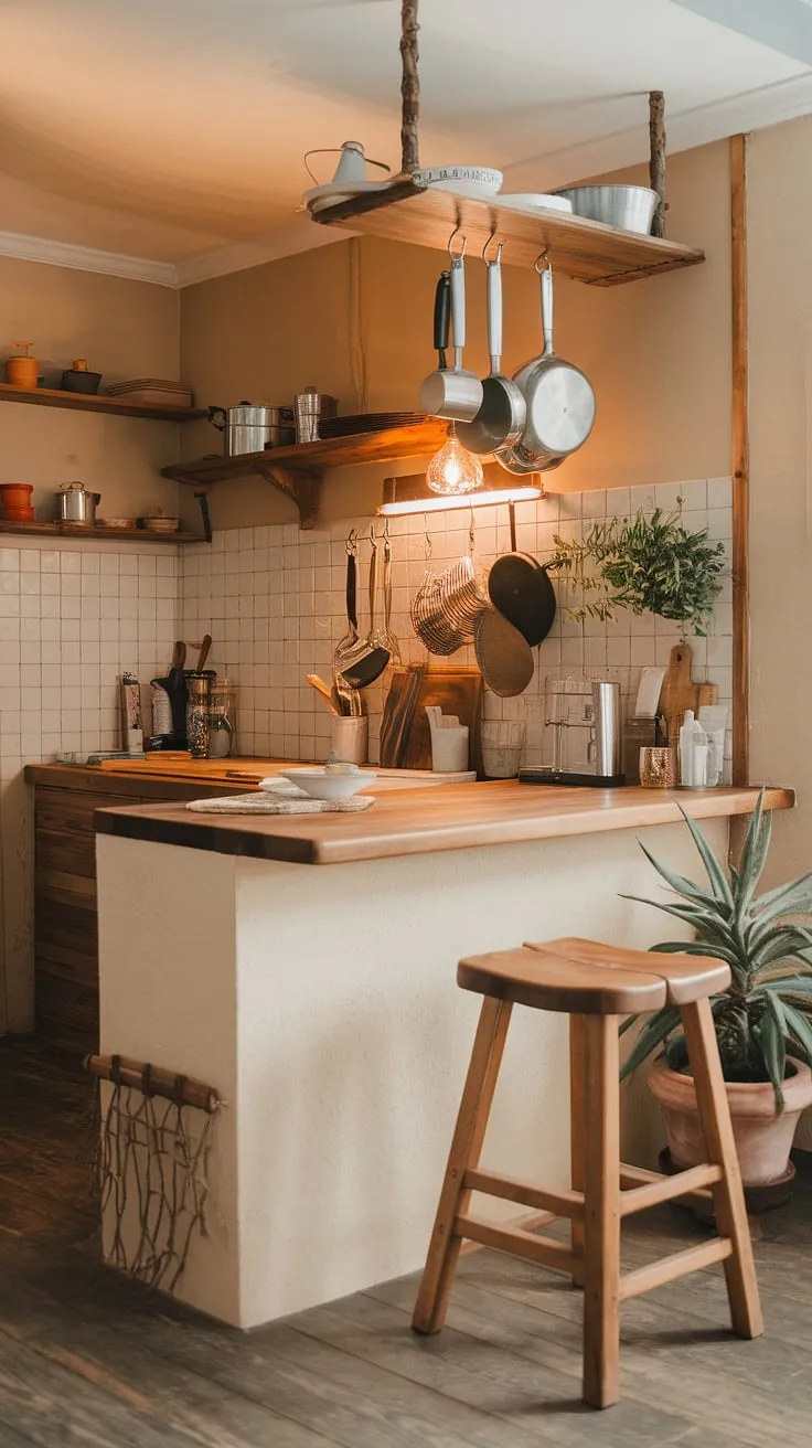 This small farmhouse kitchen, brimming with cozy kitchen decor, proves that even a tiny kitchen can be a haven of boho style.  The aesthetic kitchen design, achieved with a small kitchen remodel, offers inspiration for anyone seeking tiny kitchen ideas.