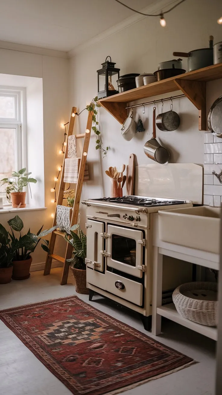 This small kitchen remodel is the epitome of cozy kitchen decor.  The boho kitchen aesthetic shines in this small farmhouse kitchen, proving that even with limited space, you can achieve a stunning and functional aesthetic kitchen design, brimming with tiny kitchen ideas.