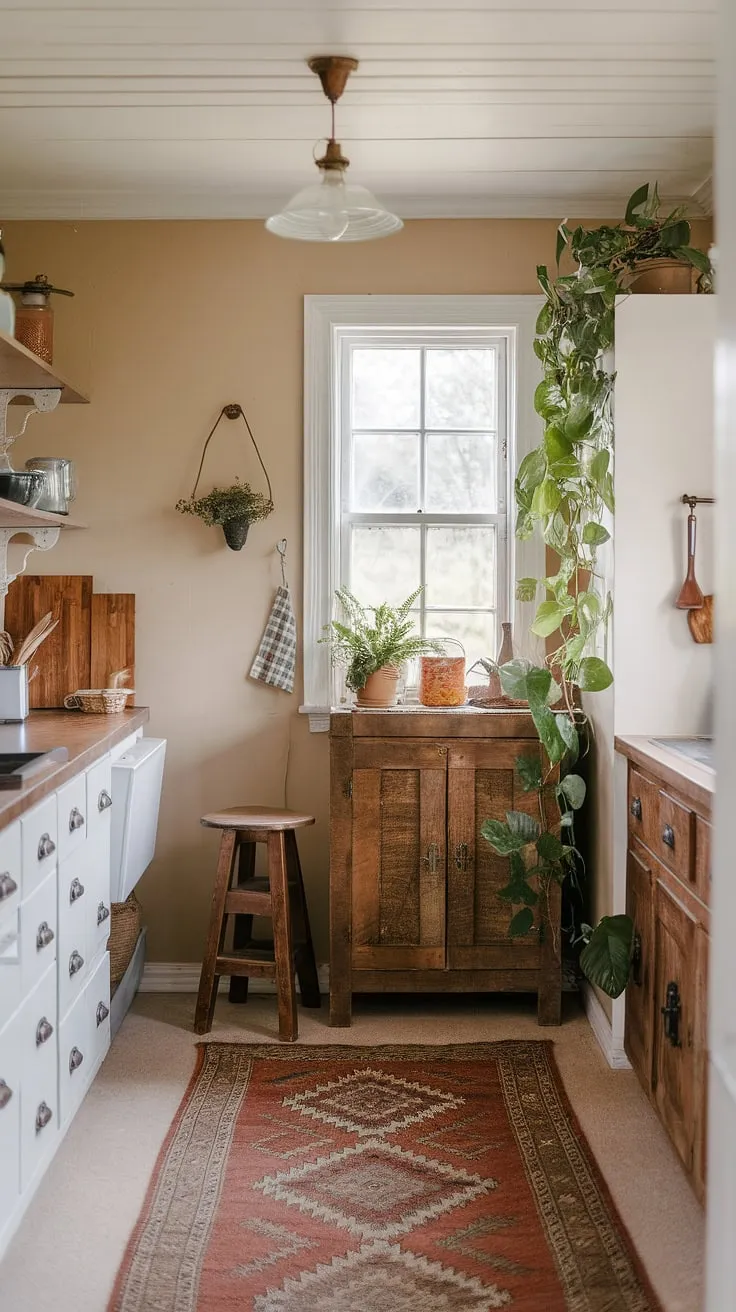 Transforming a small kitchen into a haven of boho charm. This small cozy kitchen showcases how a small kitchen remodel can achieve a big impact with cozy kitchen decor and smart design.  The result? A stunning aesthetic kitchen design brimming with tiny kitchen ideas that feel anything but small.