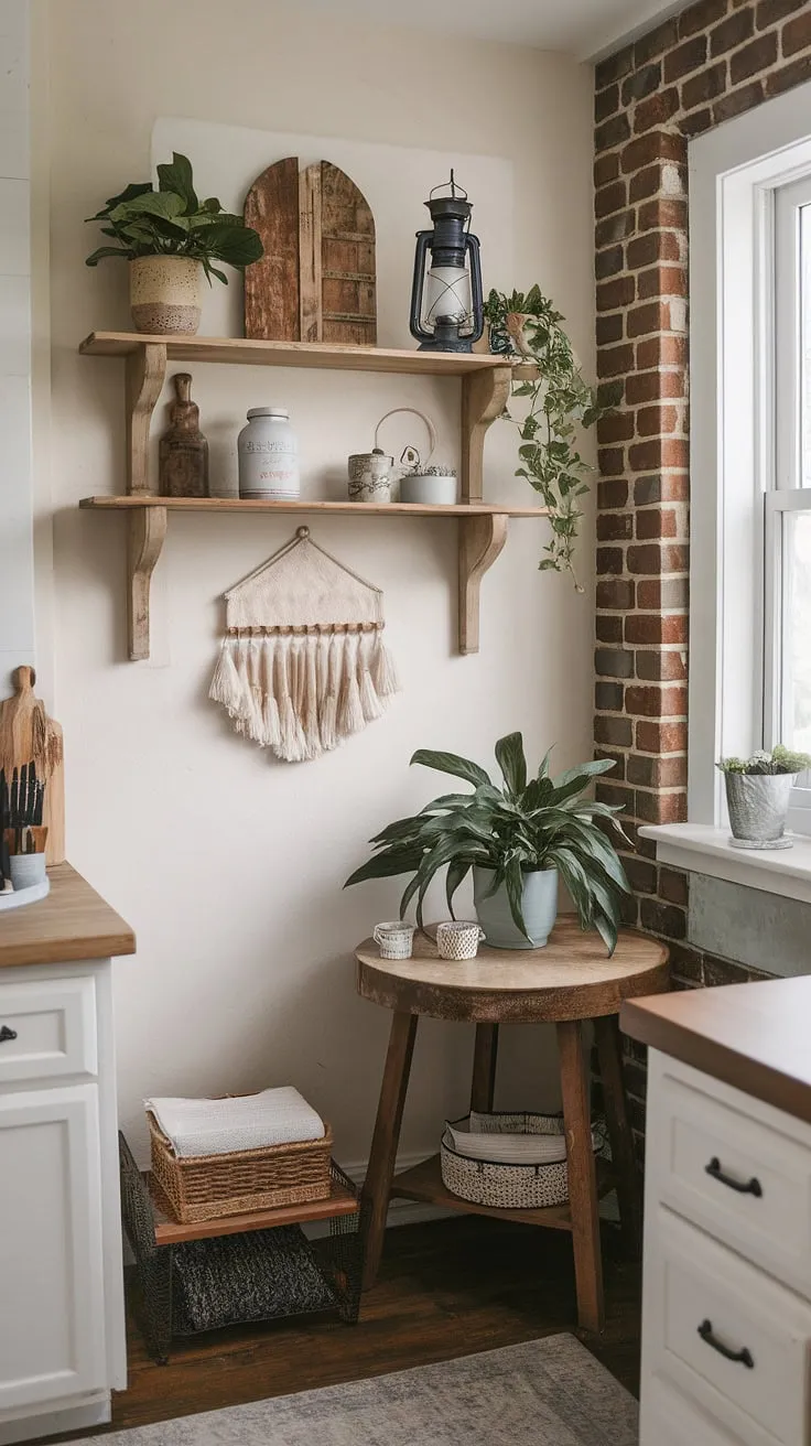 This small farmhouse kitchen proves that big style doesn't require big space.  The boho kitchen decor creates a cozy kitchen atmosphere, showcasing clever tiny kitchen ideas perfect for a small kitchen remodel.  The aesthetic kitchen design is a testament to how a small cozy kitchen can be both functional and utterly charming.