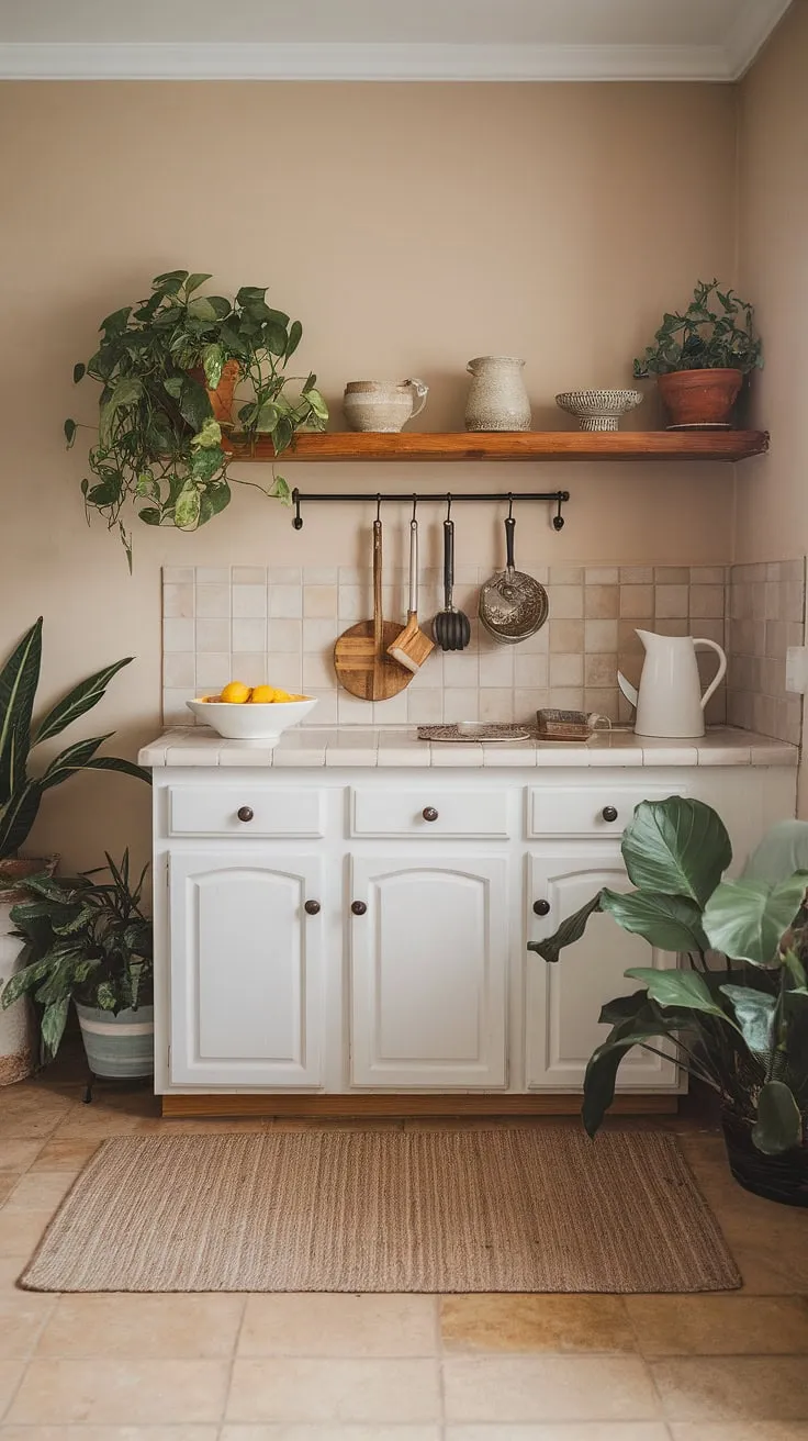 Transforming a tiny space into a haven: This small farmhouse kitchen remodel boasts cozy kitchen decor and aesthetic kitchen design elements, proving that even the smallest kitchens can embrace boho kitchen charm.  Tiny kitchen ideas abound in this space, showcasing how a small cozy kitchen can be both functional and beautiful.