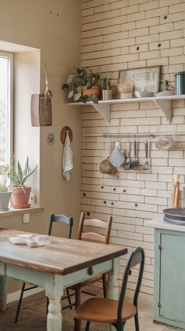 Transforming a tiny space into a haven: This small farmhouse kitchen remodel boasts cozy kitchen decor and aesthetic kitchen design elements, proving that even the smallest kitchens can embrace boho kitchen charm.  Plenty of tiny kitchen ideas packed into this small cozy kitchen.
