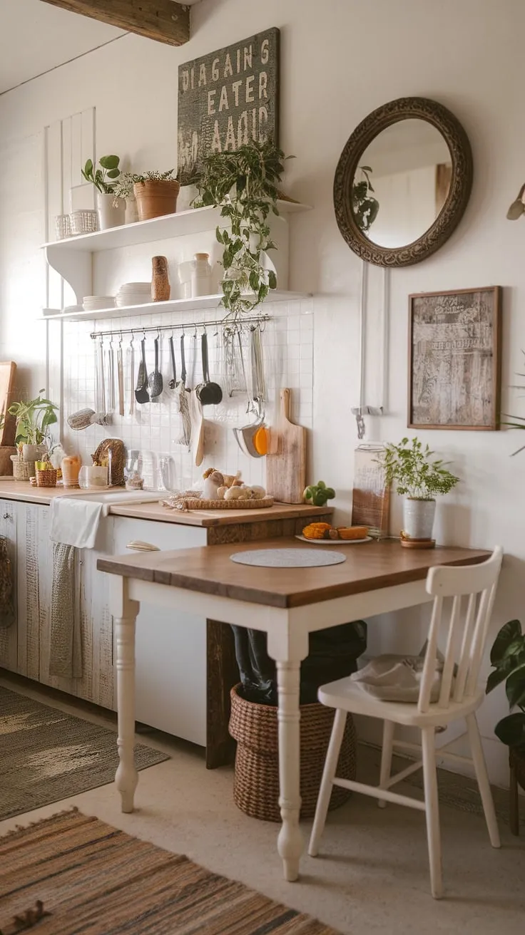 Transforming a tiny space into a haven: This small farmhouse kitchen remodel boasts cozy kitchen decor and a boho kitchen aesthetic.  Plenty of tiny kitchen ideas packed into this small cozy kitchen design.