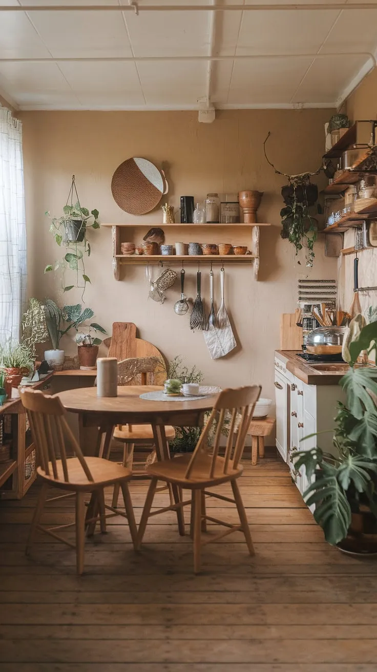 A small cozy kitchen doesn't have to be cramped! This boho kitchen in a small farmhouse is a testament to the power of thoughtful design.  The cozy kitchen decor and rustic aesthetic create a warm and inviting space, offering inspiring small kitchen remodel and tiny kitchen ideas.