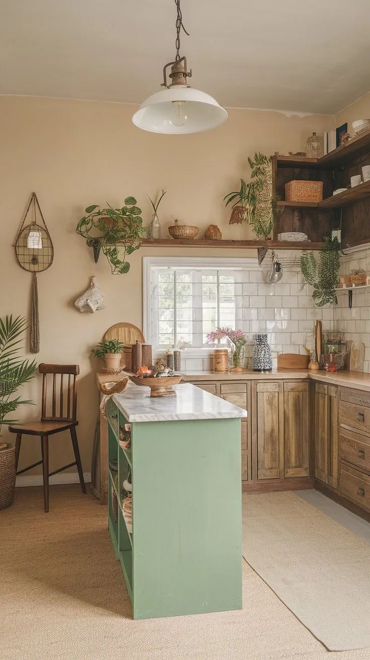 Transforming a tiny space into a haven: this small farmhouse kitchen remodel boasts cozy kitchen decor and boho kitchen vibes, proving that aesthetic kitchen design thrives even in the smallest of kitchens.  Tiny kitchen ideas don't have to compromise on style.