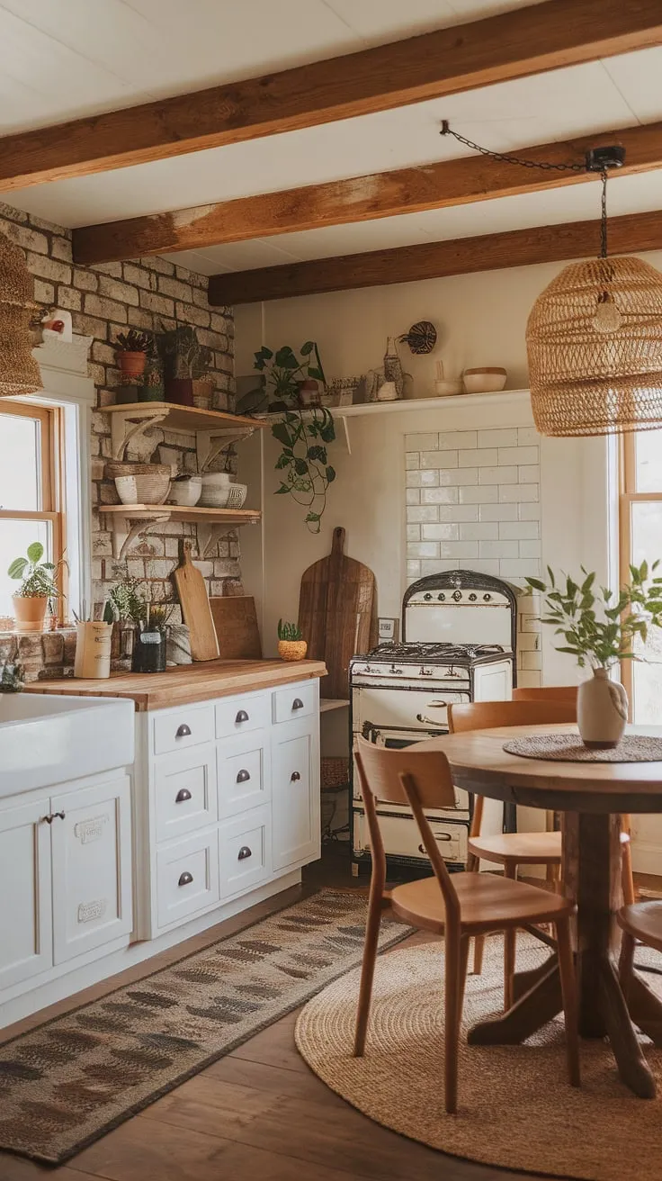 This small farmhouse kitchen proves that cozy kitchen decor and aesthetic kitchen design aren't limited by space.  A small kitchen remodel can transform a tiny kitchen into a boho kitchen brimming with charm.  These tiny kitchen ideas showcase how a small cozy kitchen can be both functional and beautiful.