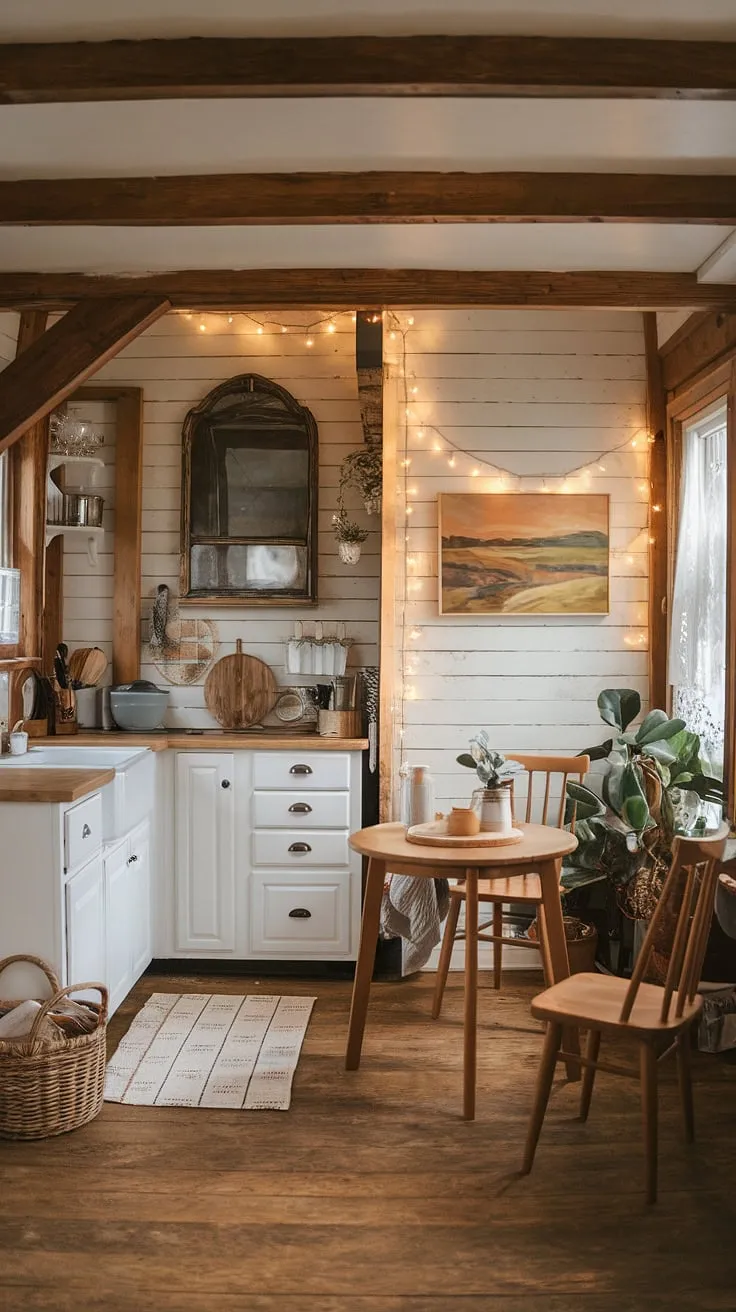 This small farmhouse kitchen proves that cozy kitchen decor and aesthetic kitchen design aren't limited by space.  A successful small kitchen remodel, this boho kitchen is brimming with charm and offers plenty of tiny kitchen ideas for maximizing functionality in a small cozy kitchen.