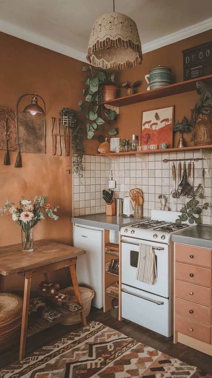 Transforming a tiny space into a haven: This small farmhouse kitchen remodel boasts cozy kitchen decor and aesthetic kitchen design elements, proving that even a small cozy kitchen can be a boho kitchen dream.