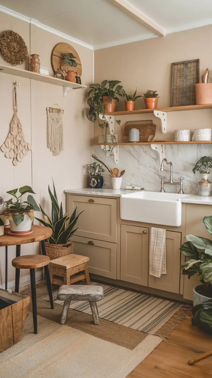 This aesthetic kitchen design proves that a small kitchen remodel can be both beautiful and functional.  Boho kitchen vibes meet cozy kitchen decor in this charming small farmhouse kitchen, offering inspiring tiny kitchen ideas for maximizing space and style.