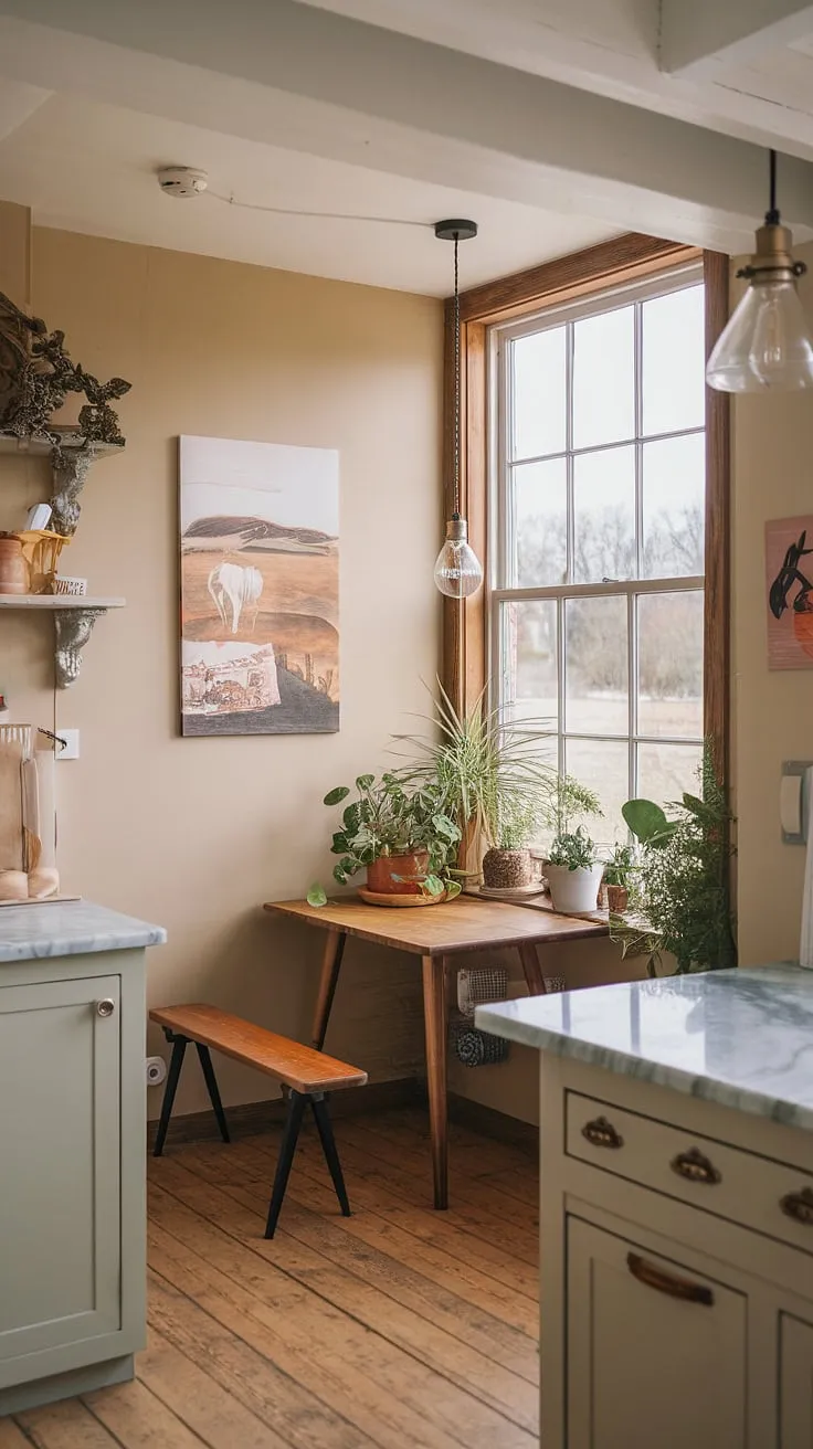 Transforming a tiny space into a haven: this small farmhouse kitchen remodel boasts cozy kitchen decor and a boho kitchen aesthetic.  Perfect tiny kitchen ideas for maximizing charm in a small cozy kitchen.