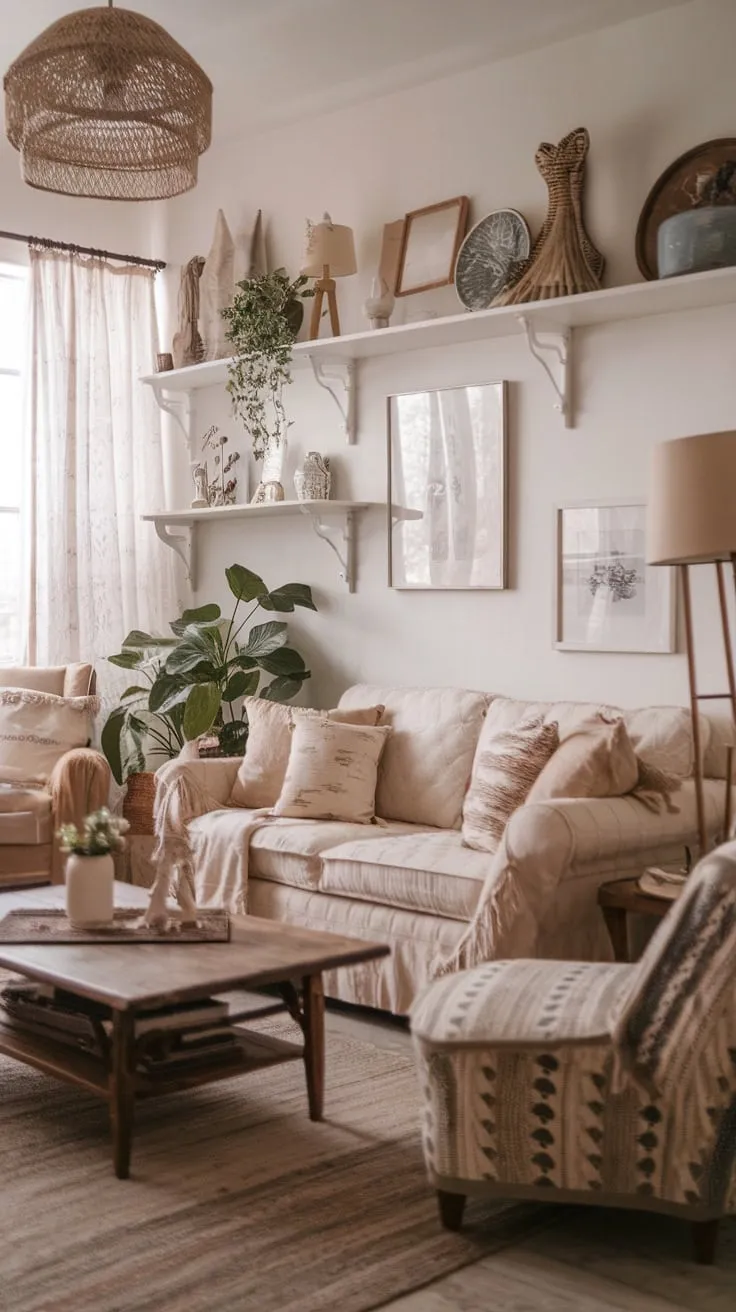Cozy eclectic boho style fills a living room with a beige sofa, wooden coffee table, vintage lamp, and charming details.