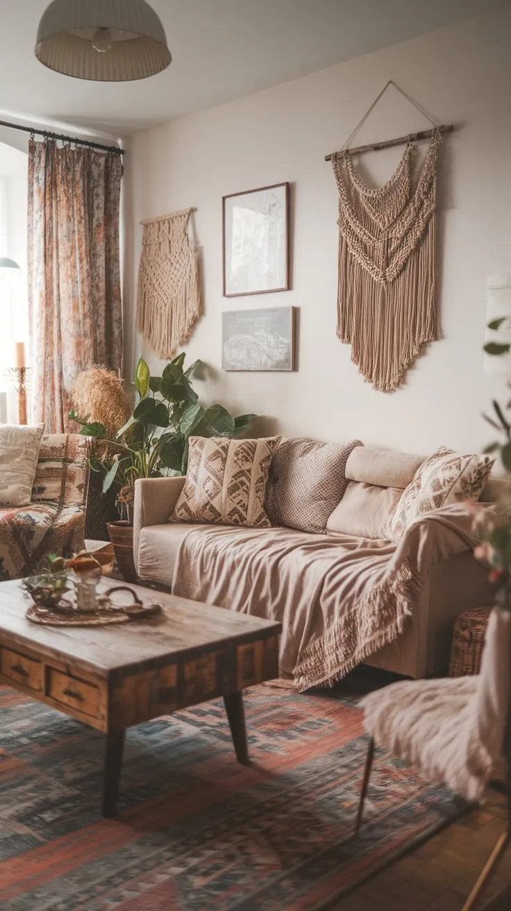 A beige sofa, wooden coffee table, and curated art create a relaxed boho haven with shabby chic and farmhouse influences.