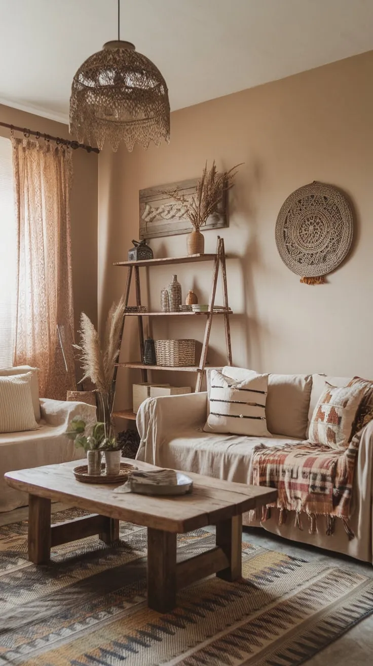 Warm beige walls and distressed wood accents complete the relaxed boho vibe of this living room.