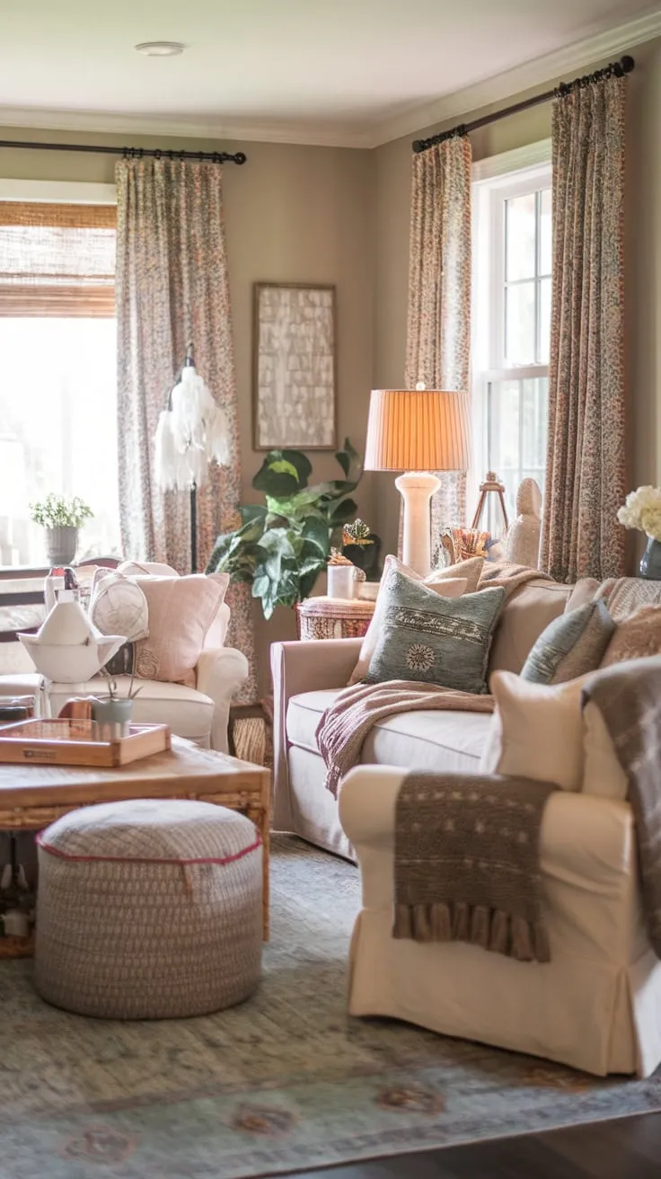 Soft hues and eclectic patterns create a relaxed boho haven with comfortable seating and charming décor.