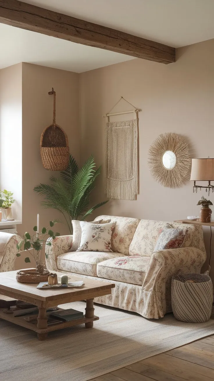 Warm beige walls and wooden floors create a cozy boho living room, accented with floral cushions, a vintage lamp, and charming decorative touches.