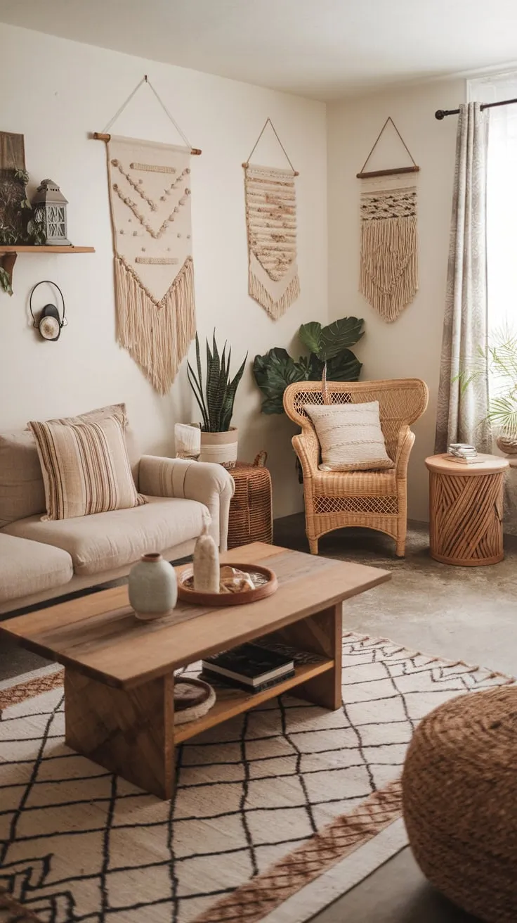 A cozy boho living room blends farmhouse elements with patterned textiles, wicker accents, and eclectic décor for a relaxed and inviting atmosphere.