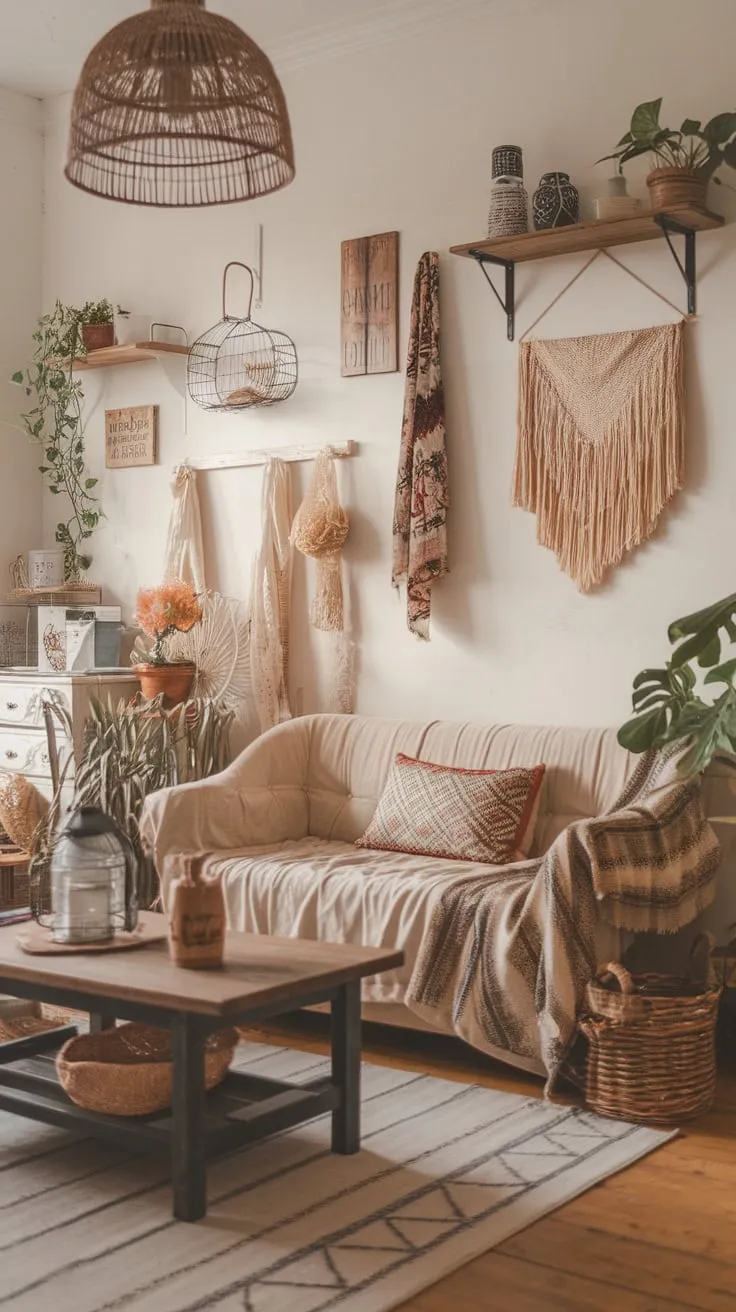 A cozy boho living room blends shabby chic farmhouse charm with eclectic décor and natural wood elements for a relaxed, inviting atmosphere.
