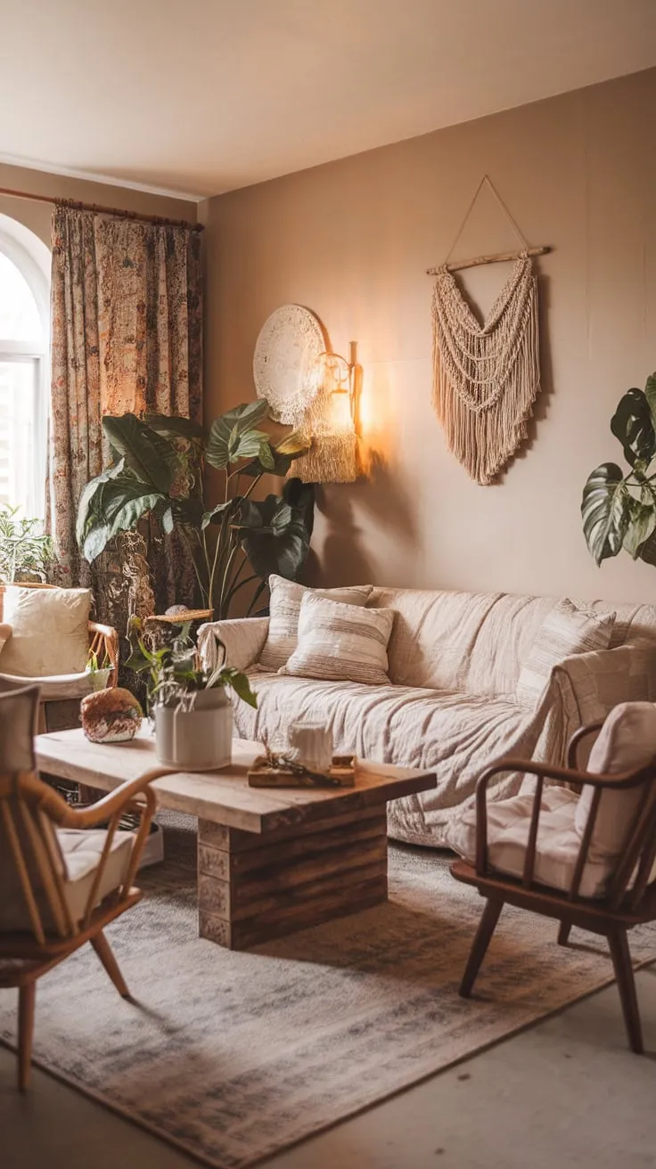 Warm lighting, plush seating, and eclectic boho décor create a cozy farmhouse-chic living room haven.