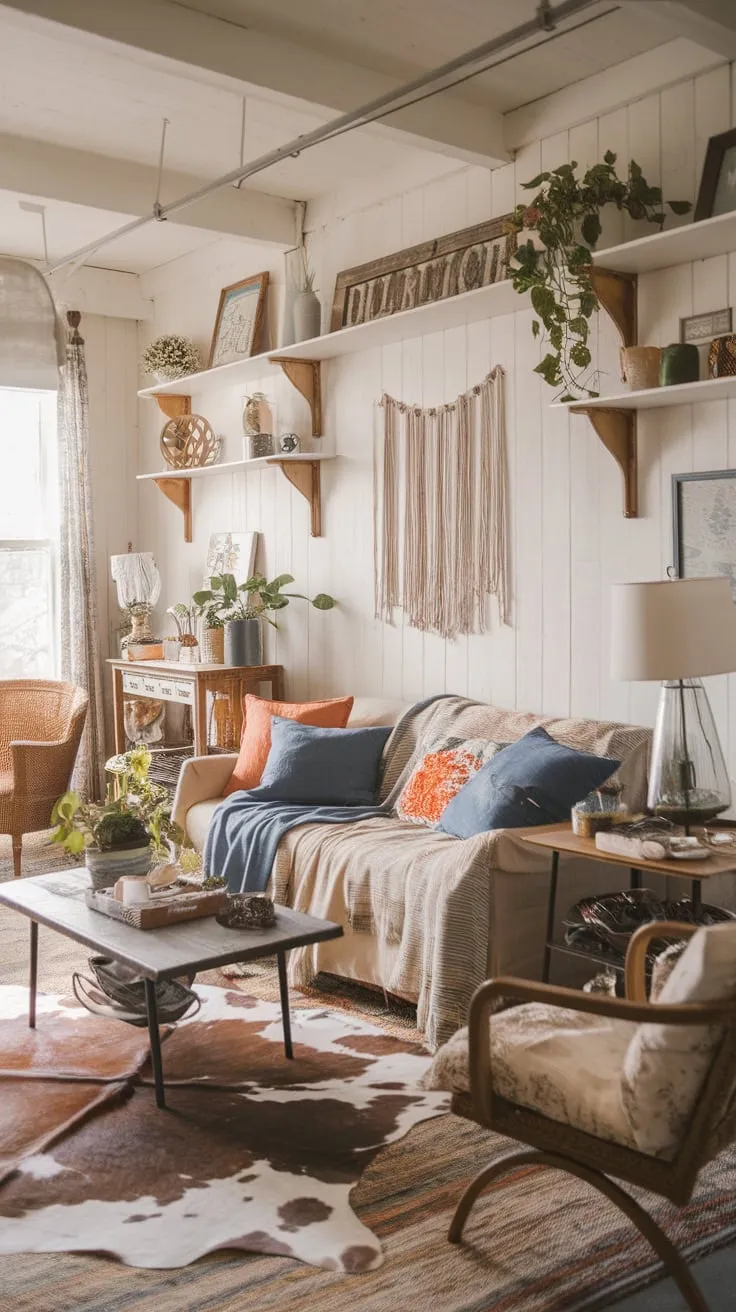 A cozy boho living room blends eclectic patterns, textures, and colors for a relaxed, farmhouse-inspired vibe.