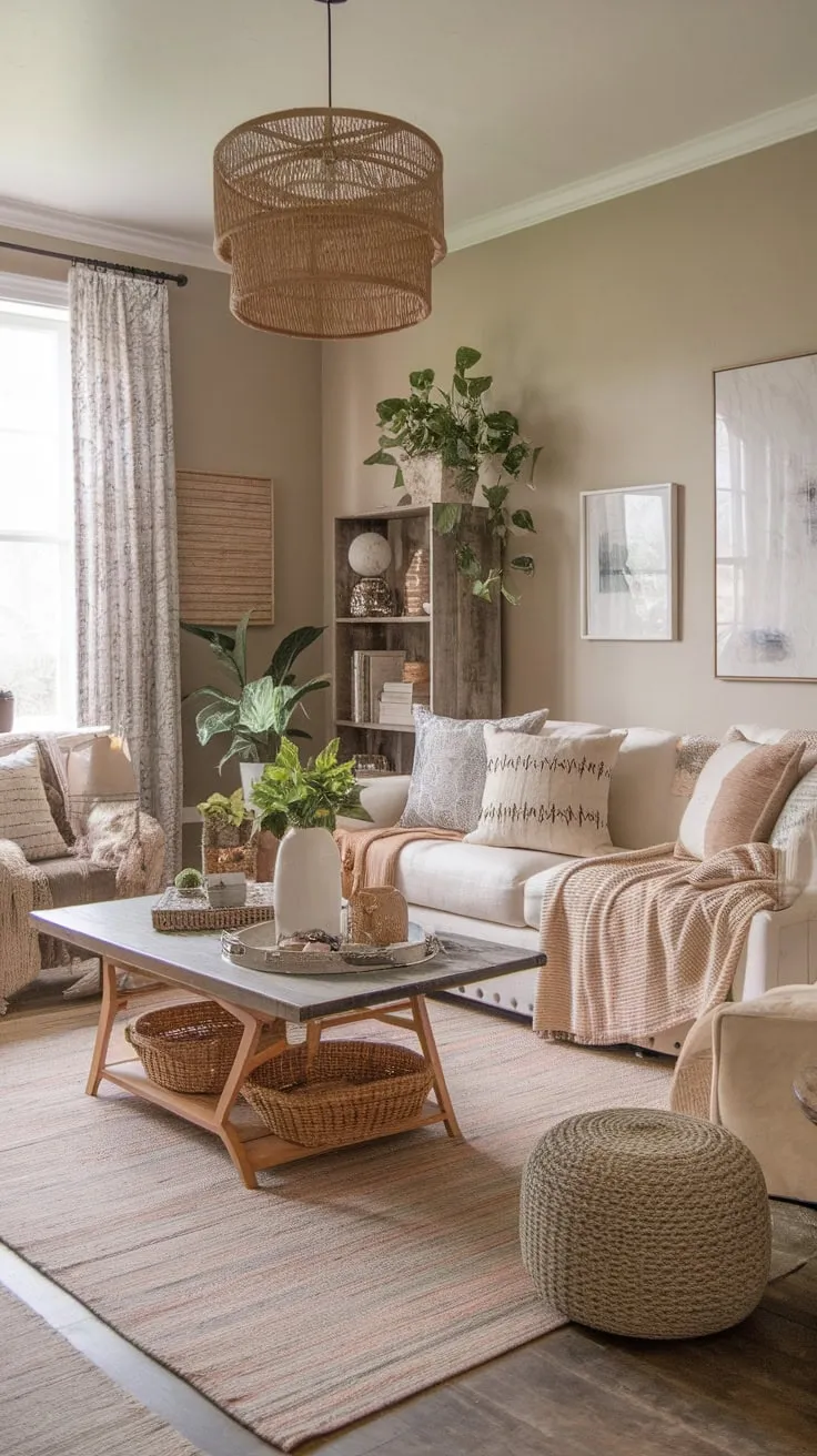 A cozy boho living room, blending shabby chic farmhouse style with diverse textures and patterns, creates a warm and inviting atmosphere.