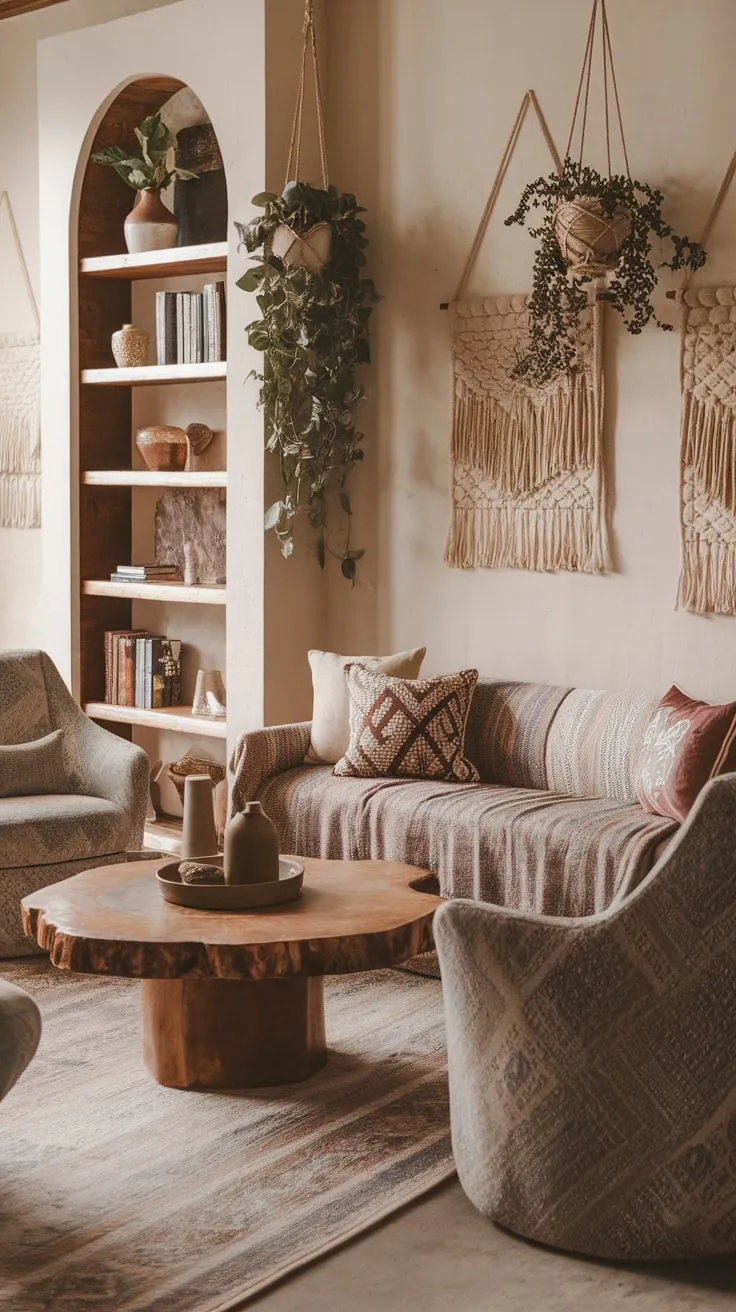 A bohemian living room's patterned rug, wooden accents, and eclectic décor invite relaxation and create a welcoming atmosphere.