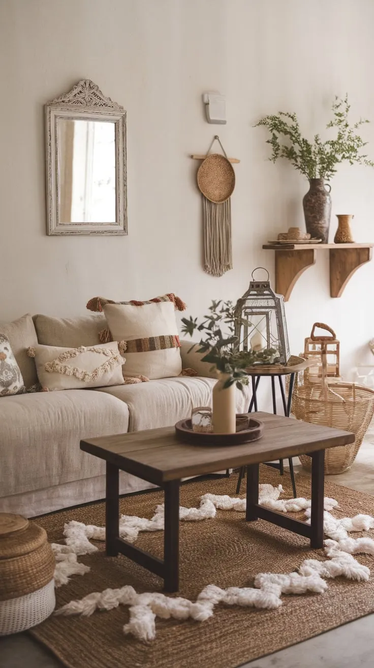 A cozy boho living room blends beige comfort with vintage accents and natural textures for a relaxed farmhouse feel.