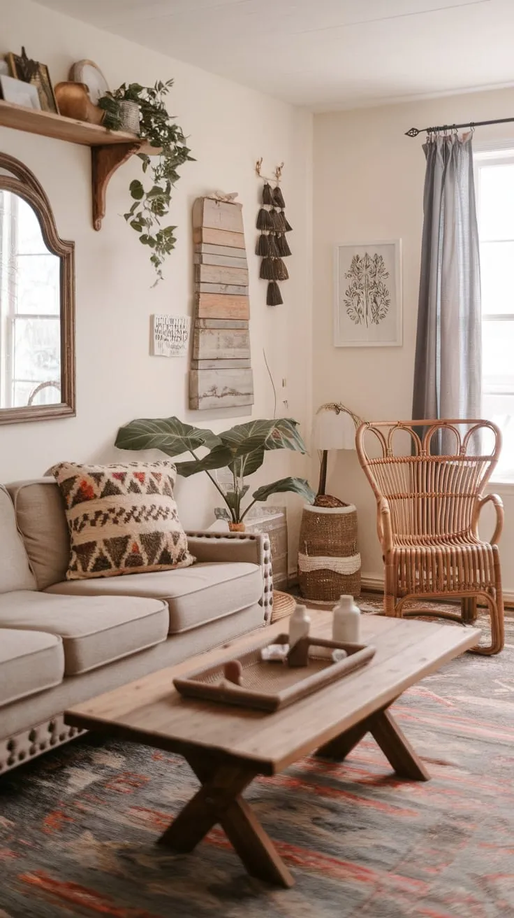 A cozy boho living room blends shabby chic, cottage, farmhouse, and eclectic styles for a relaxed and inviting atmosphere.