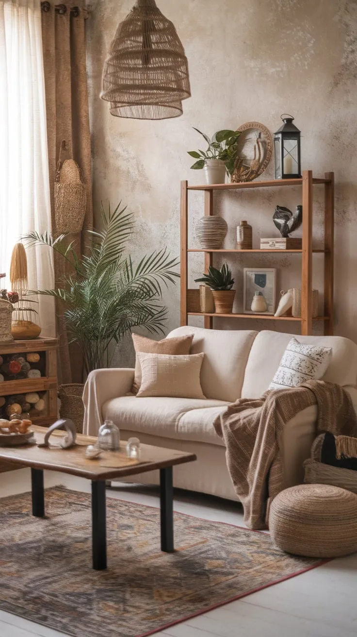 A cozy boho living room blends eclectic farmhouse and cottage styles with a beige sofa, wooden accents, and patterned rugs for a charming, lived-in feel.
