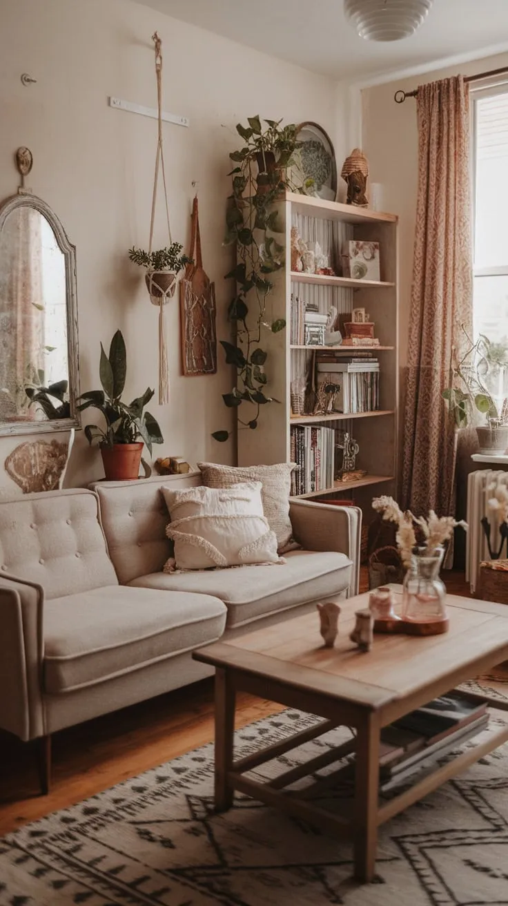 Geometric rugs, vintage mirrors, and overflowing bookshelves create a warm and inviting boho haven.