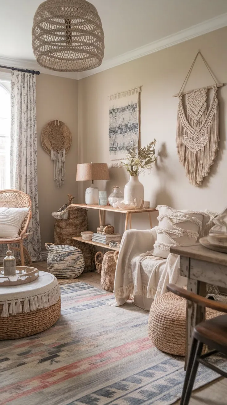 Cozy textures and eclectic farmhouse, cottage, and boho styles create a charming and inviting living room.