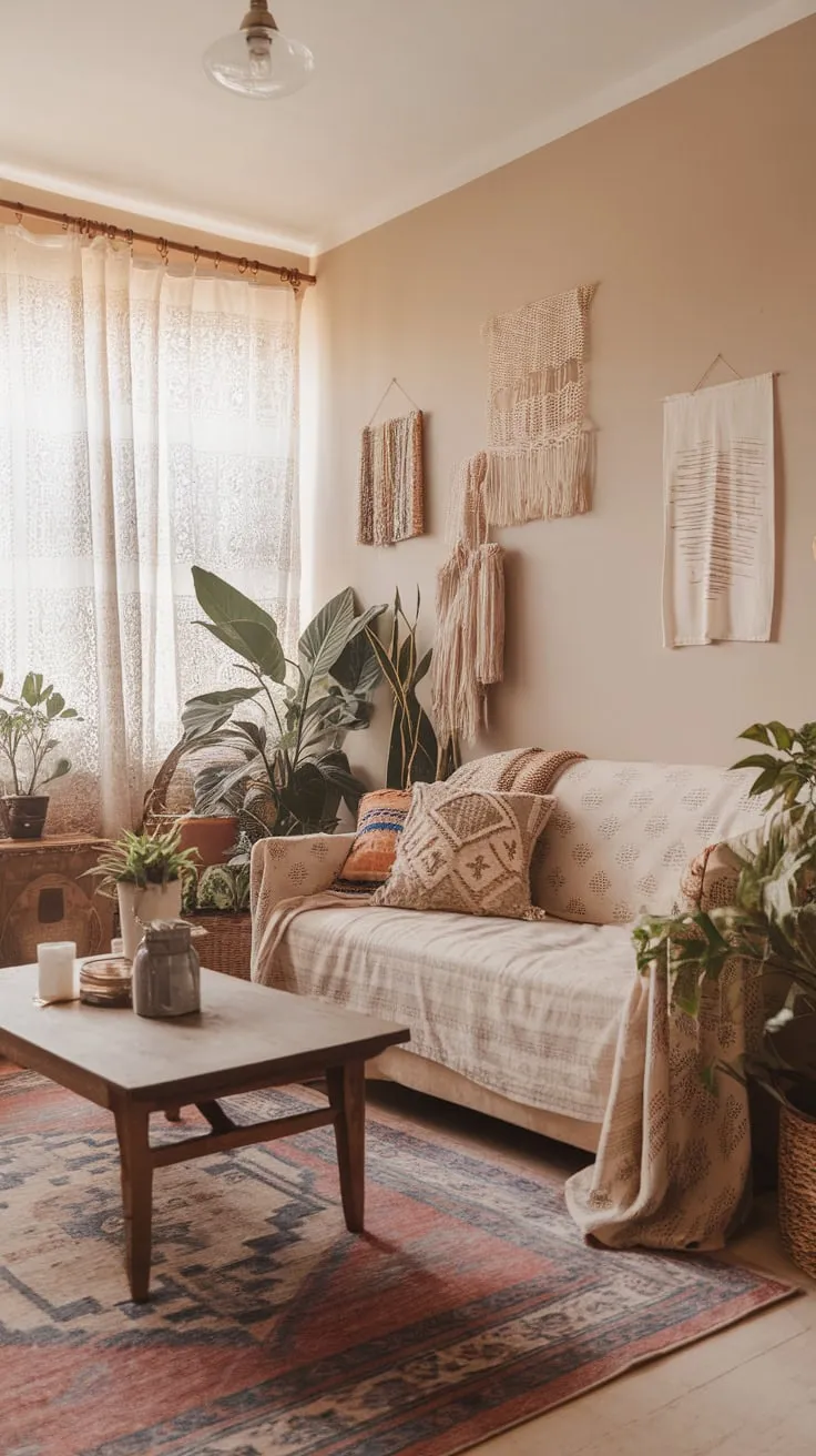A beige-walled living room exudes cozy boho charm with patterned cushions, a vintage rug, and eclectic décor.