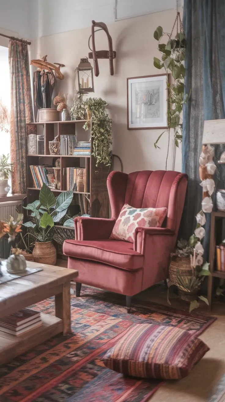 A warm, inviting boho living room blends shabby chic, cottage, and farmhouse elements with eclectic furniture and cozy textures.
