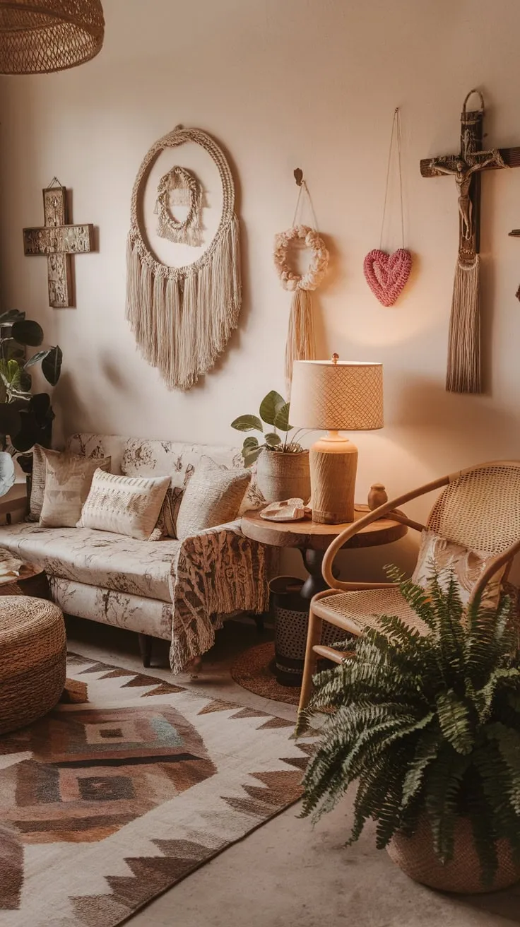 Warm lighting, floral patterns, and woven textures create a cozy, eclectic boho living room haven.