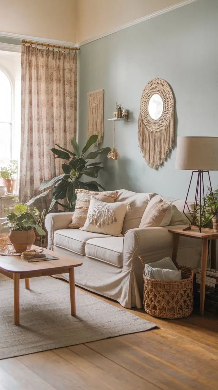 A light blue-walled living room showcases a cozy boho aesthetic through a beige sofa, wooden accents, woven textures, and lush greenery.