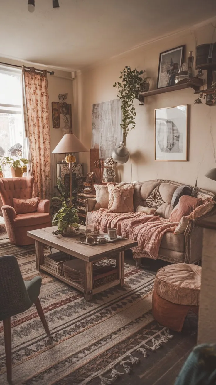 Earthy tones and eclectic furnishings create a cozy, boho-chic living room brimming with vintage charm.