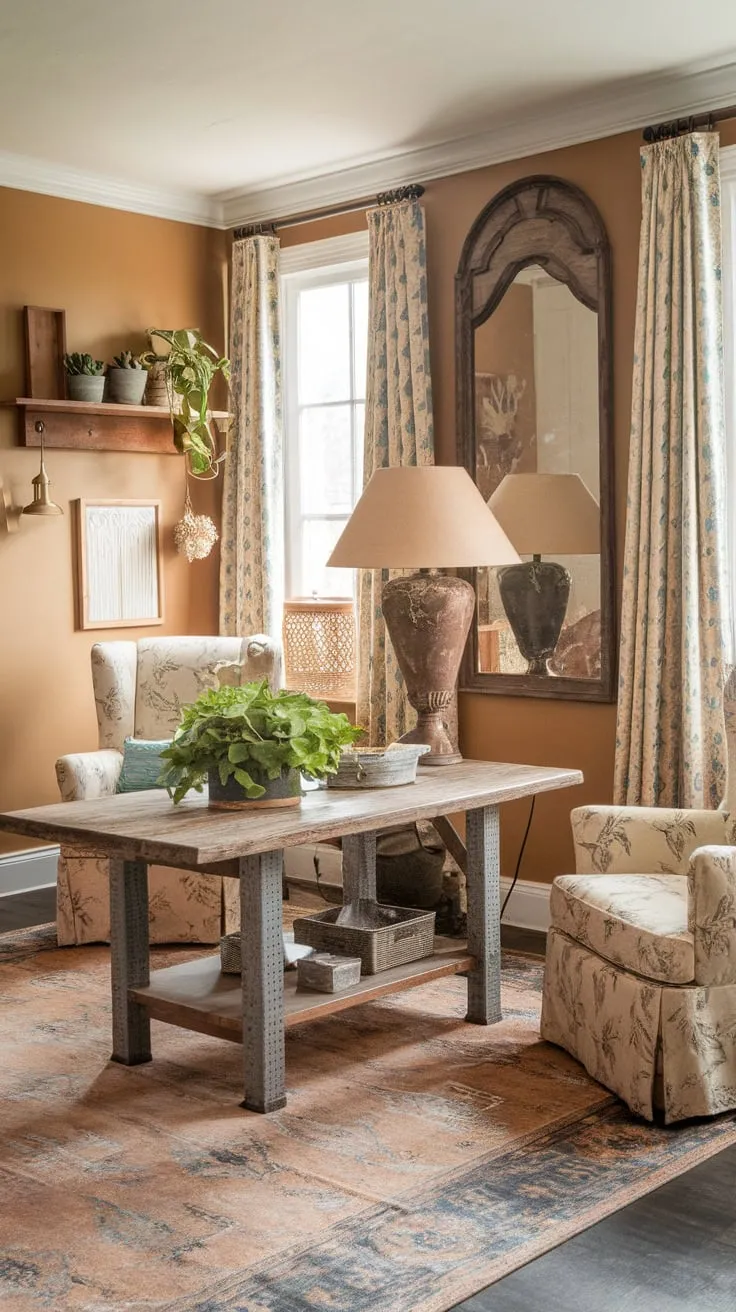 Warm beige walls, a worn wooden table, floral armchairs, and patterned rugs create a cozy boho living room with shabby chic farmhouse charm.