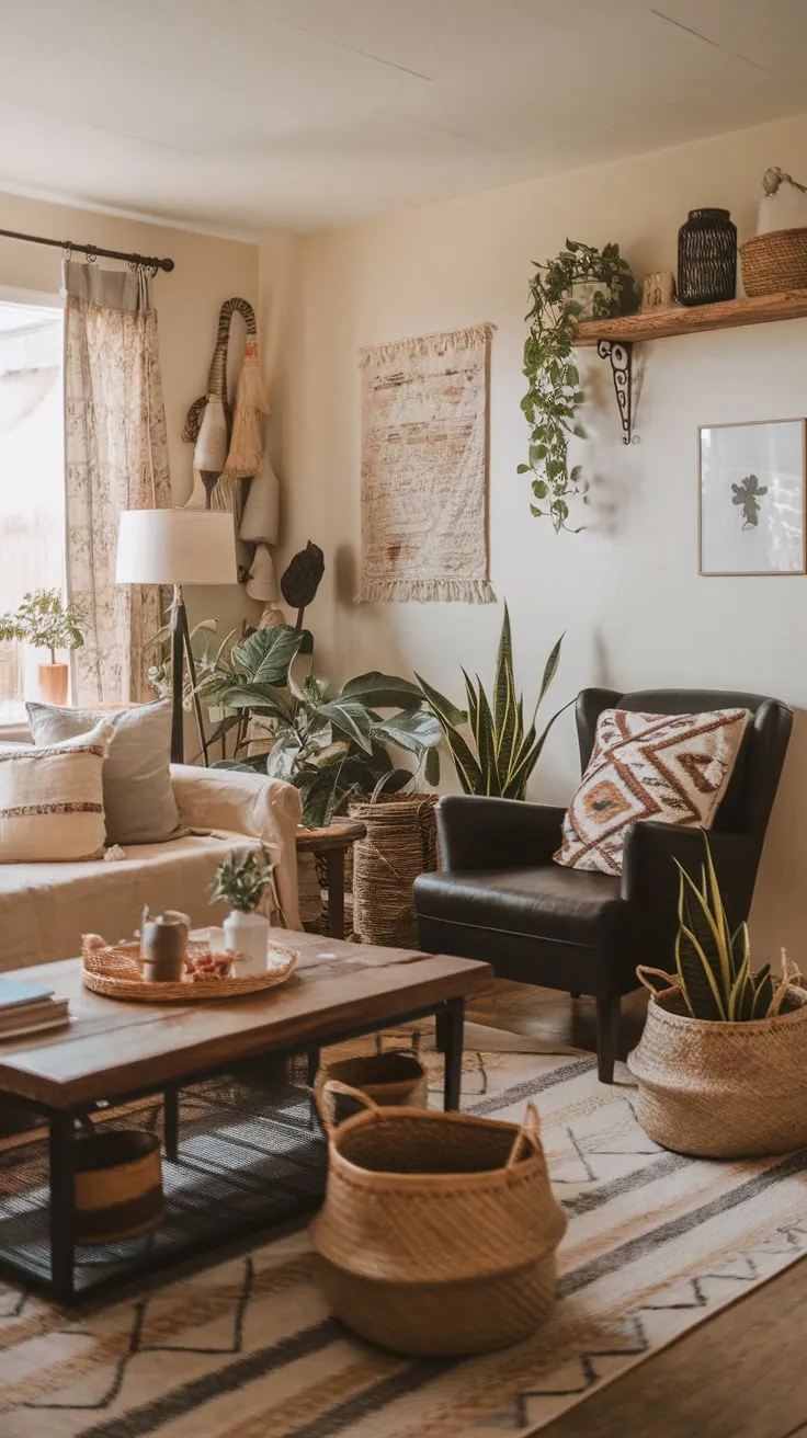 Warmth and eclectic style define this cozy boho living room, featuring a beige couch, black armchair, and natural accents creating an inviting atmosphere.