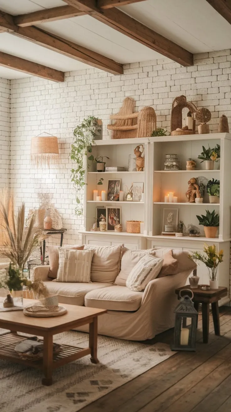 Warmth and inviting charm fill this boho living room, its exposed brick, wooden beams, and eclectic décor creating a cozy haven.