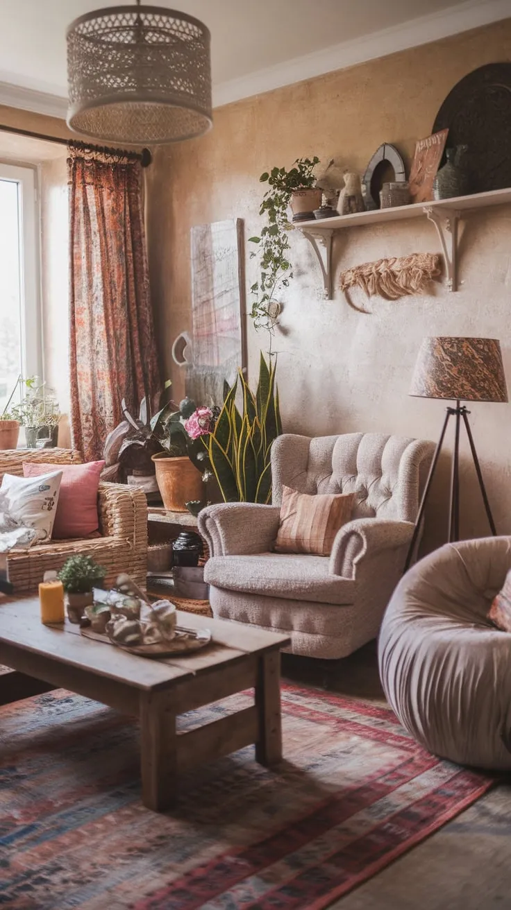 A cozy boho living room blends shabby chic, farmhouse, and eclectic styles for a warm and inviting atmosphere.