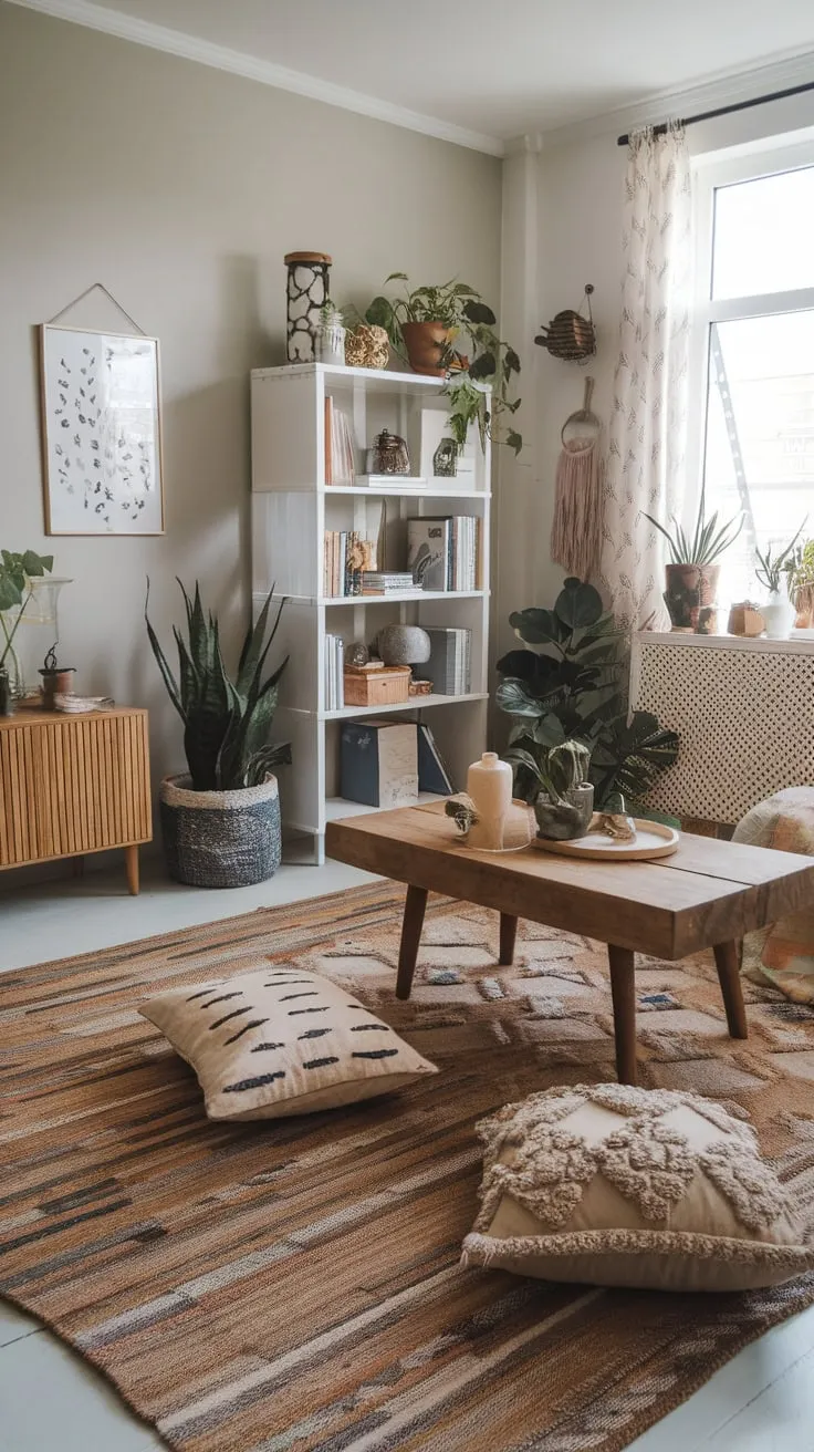 A light gray backdrop showcases a vibrant boho living room with patterned rugs, unique pillows, and a charming wooden coffee table.