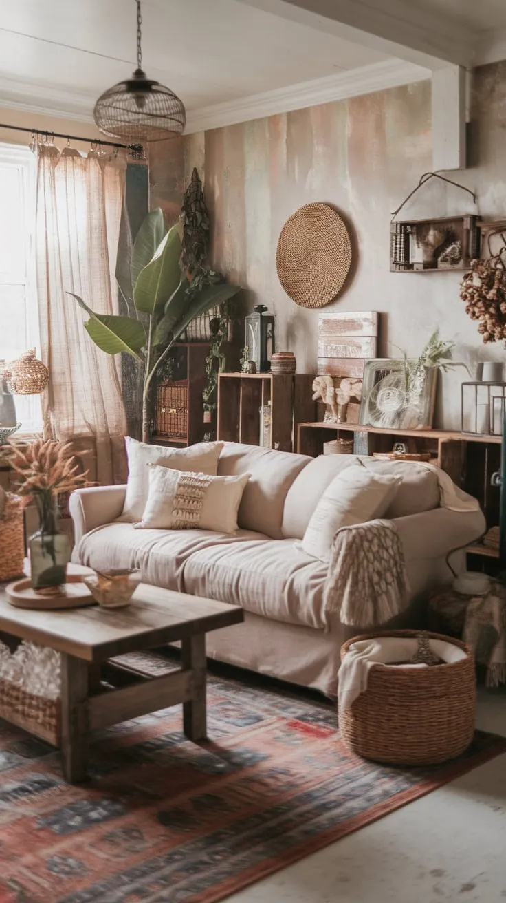 A cozy boho living room blends eclectic décor, vintage textures, and natural elements for a charming cottage-farmhouse feel.