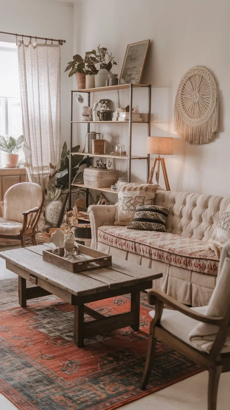 Warmth and inviting charm fill this boho living room, blending shabby chic and farmhouse styles with a vintage rug and eclectic décor.